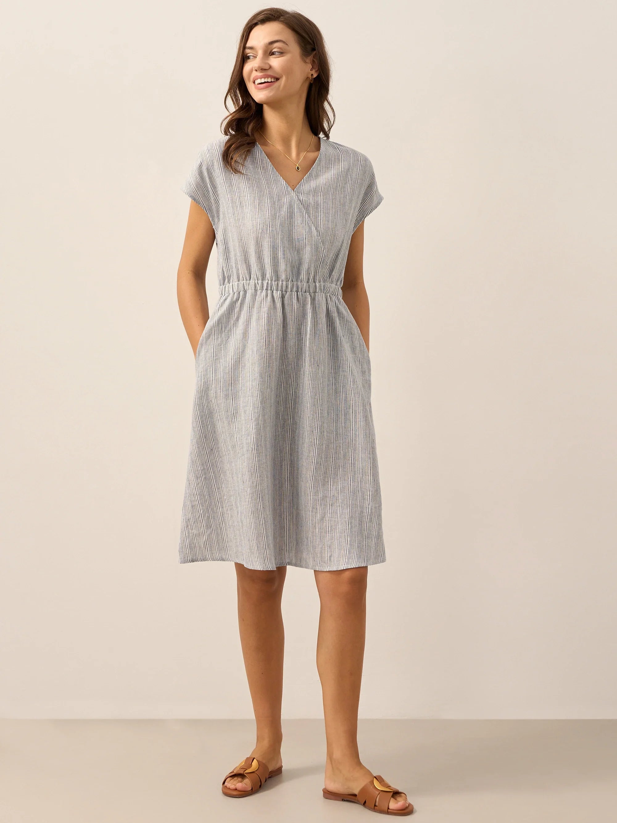 LINTICO 100% Linen Striped Elastic-Waist Midi Dress ARIA — dresses-midi dresses-linen category context