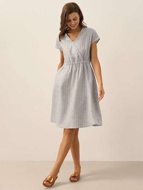 LINTICO 100% Linen Striped Elastic-Waist Midi Dress ARIA — main product shot