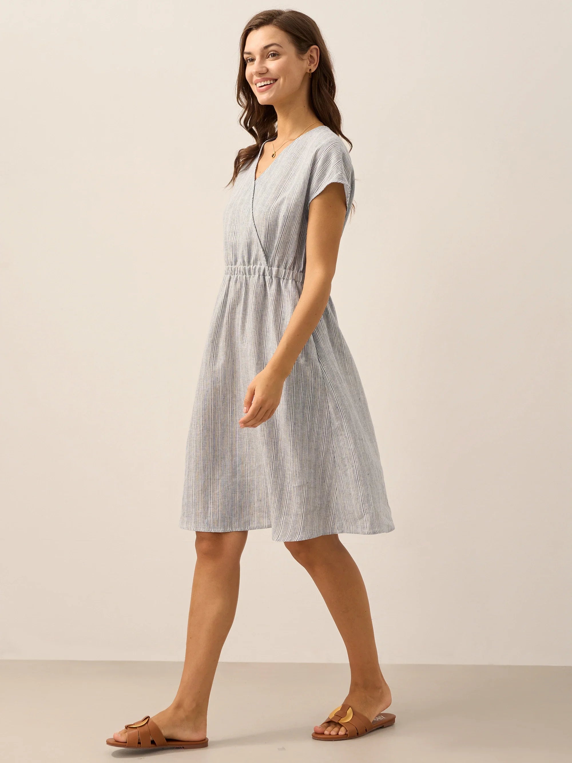 LINTICO 100% Linen Striped Elastic-Waist Midi Dress ARIA — product on model