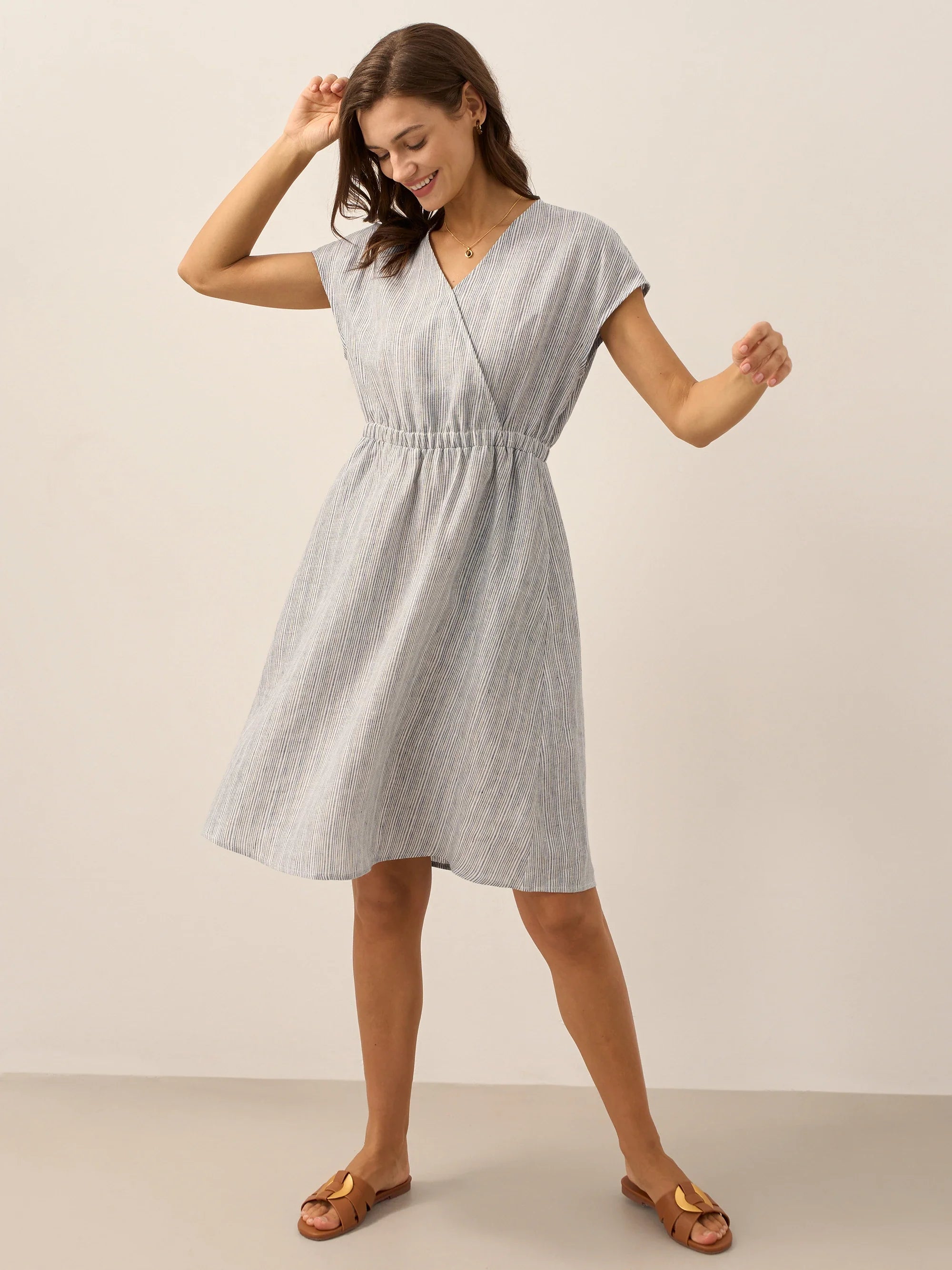 LINTICO 100% Linen Striped Elastic-Waist Midi Dress ARIA — main product shot