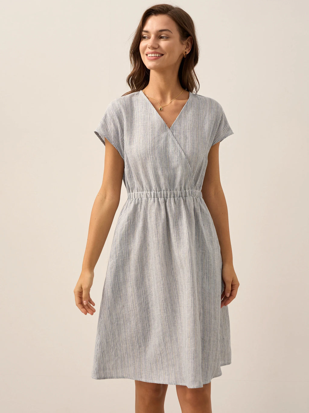 LINTICO 100% Linen Striped Elastic-Waist Midi Dress ARIA — detail shot 8