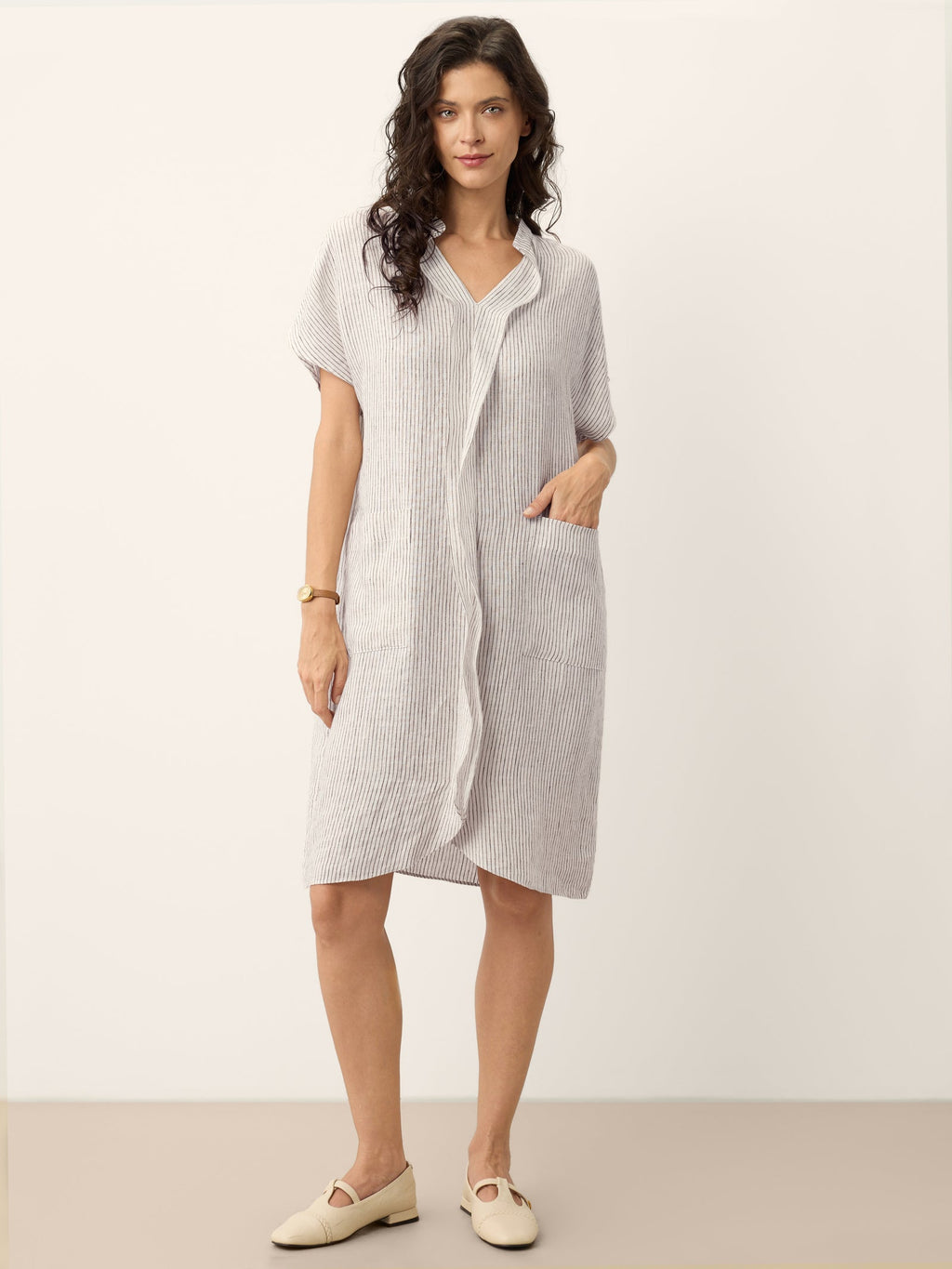LINTICO 100% Linen Striped Ruffle Placket Shirt Dress GLORIA — main product shot