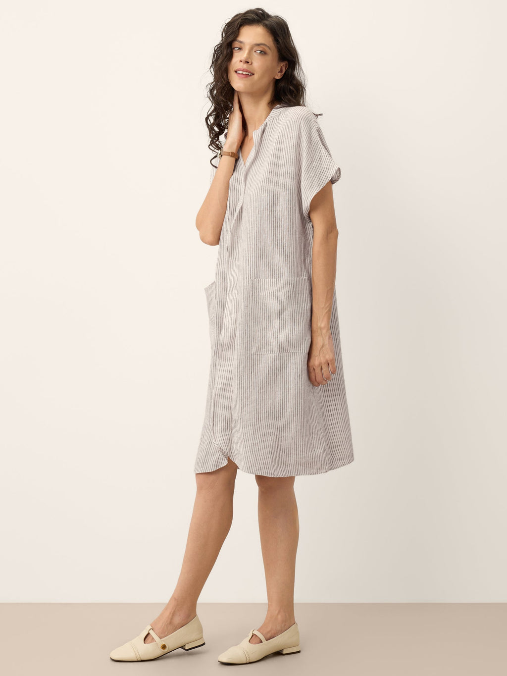 LINTICO 100% Linen Striped Ruffle Placket Shirt Dress GLORIA — in-use photo