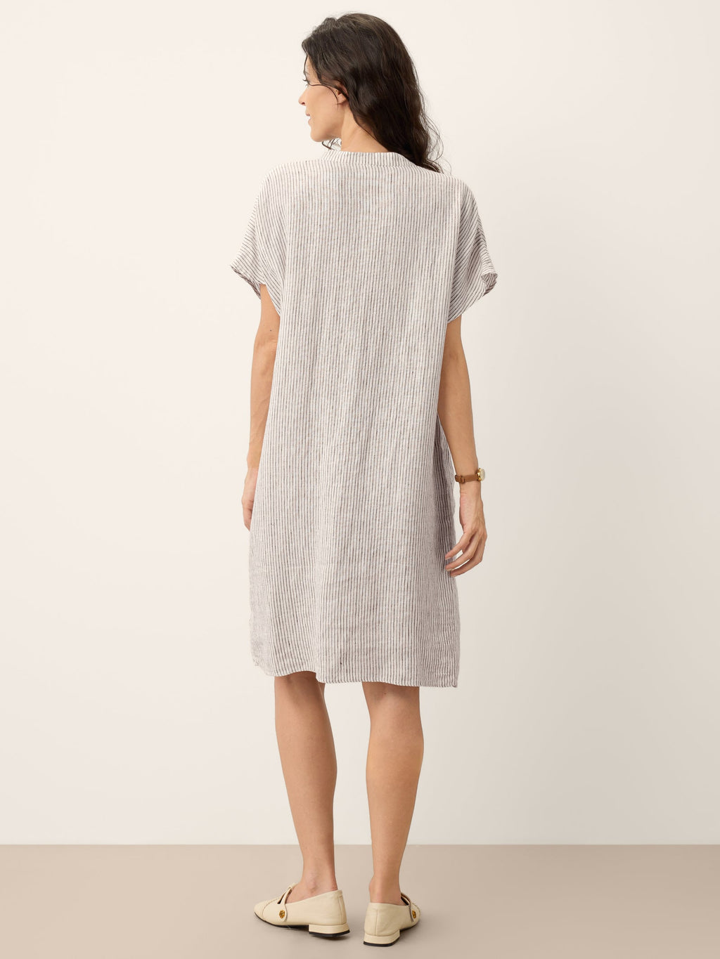 LINTICO 100% Linen Striped Ruffle Placket Shirt Dress GLORIA — size reference
