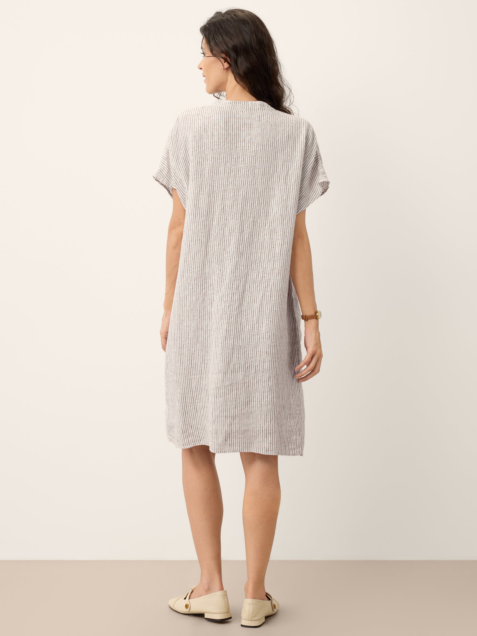LINTICO 100% Linen Striped Ruffle Placket Shirt Dress GLORIA — size reference