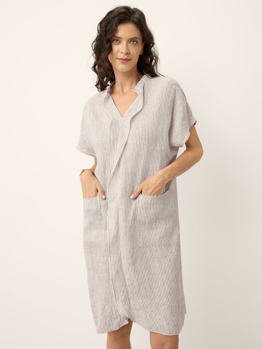 LINTICO 100% Linen Striped Ruffle Placket Shirt Dress GLORIA — color detail