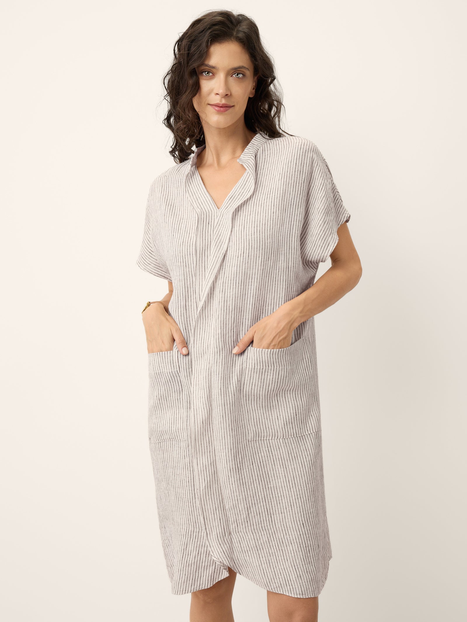 LINTICO 100% Linen Striped Ruffle Placket Shirt Dress GLORIA — color detail