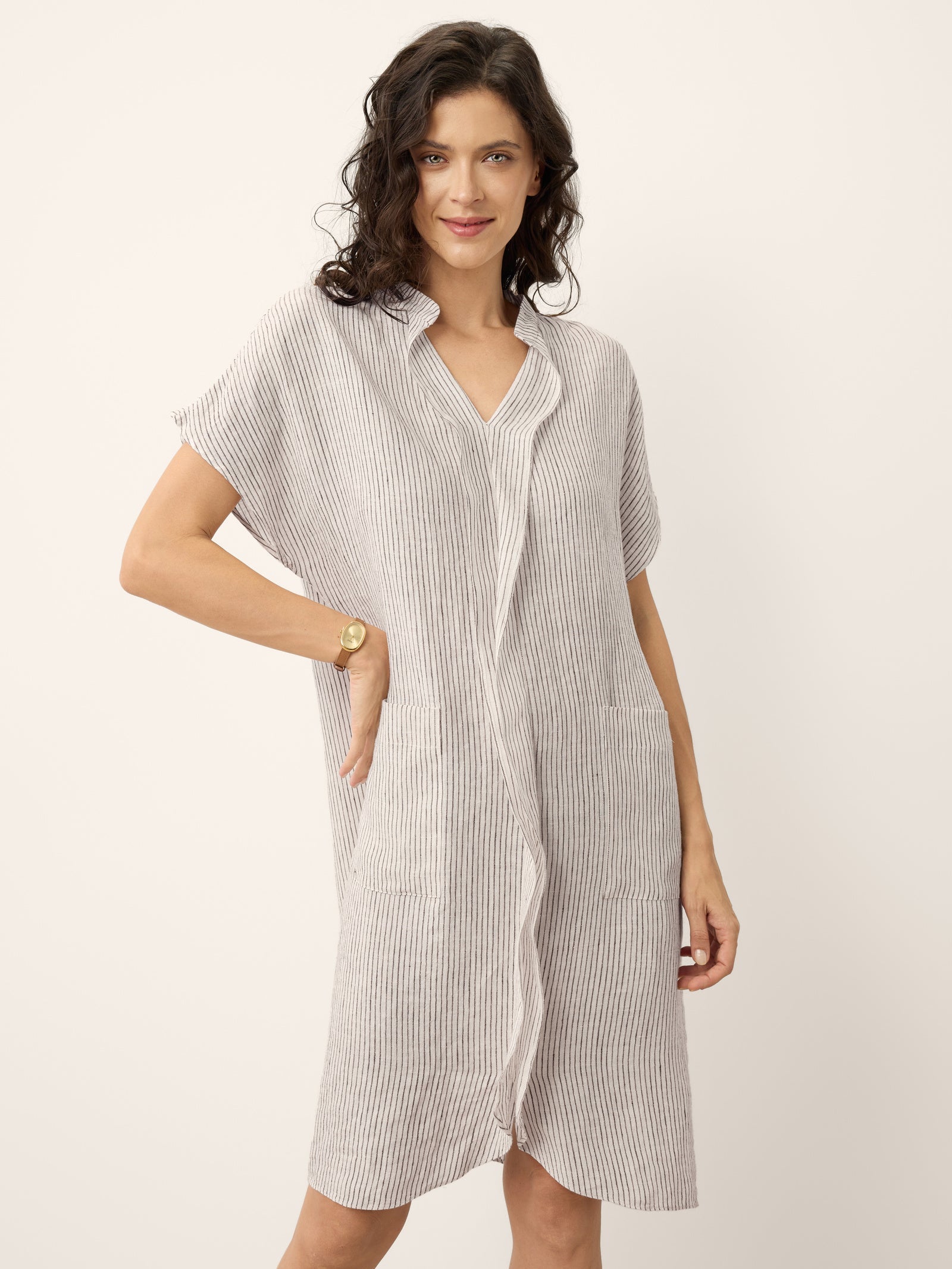 LINTICO 100% Linen Striped Ruffle Placket Shirt Dress GLORIA — side view
