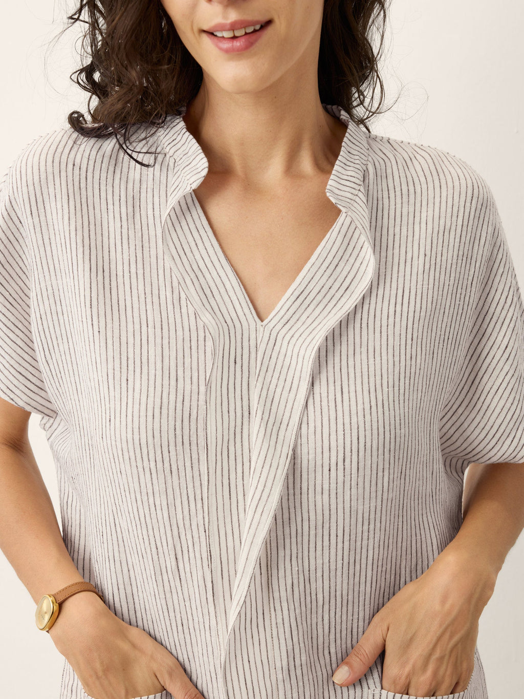 LINTICO 100% Linen Striped Ruffle Placket Shirt Dress GLORIA — alternative angle