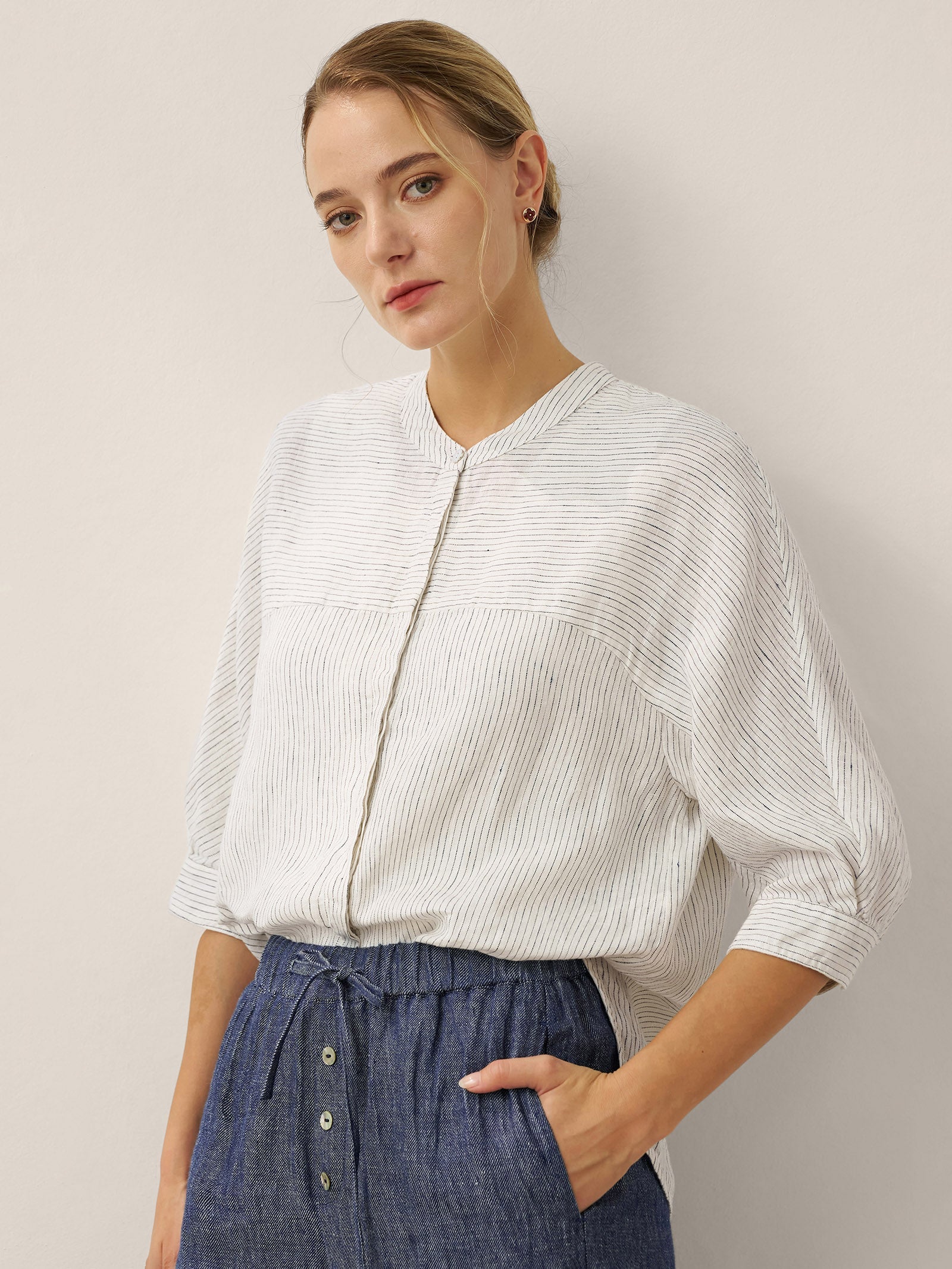LINTICO 100% Linen Striped Three-Quarter Sleeve Shirt SKYLAR — construction detail