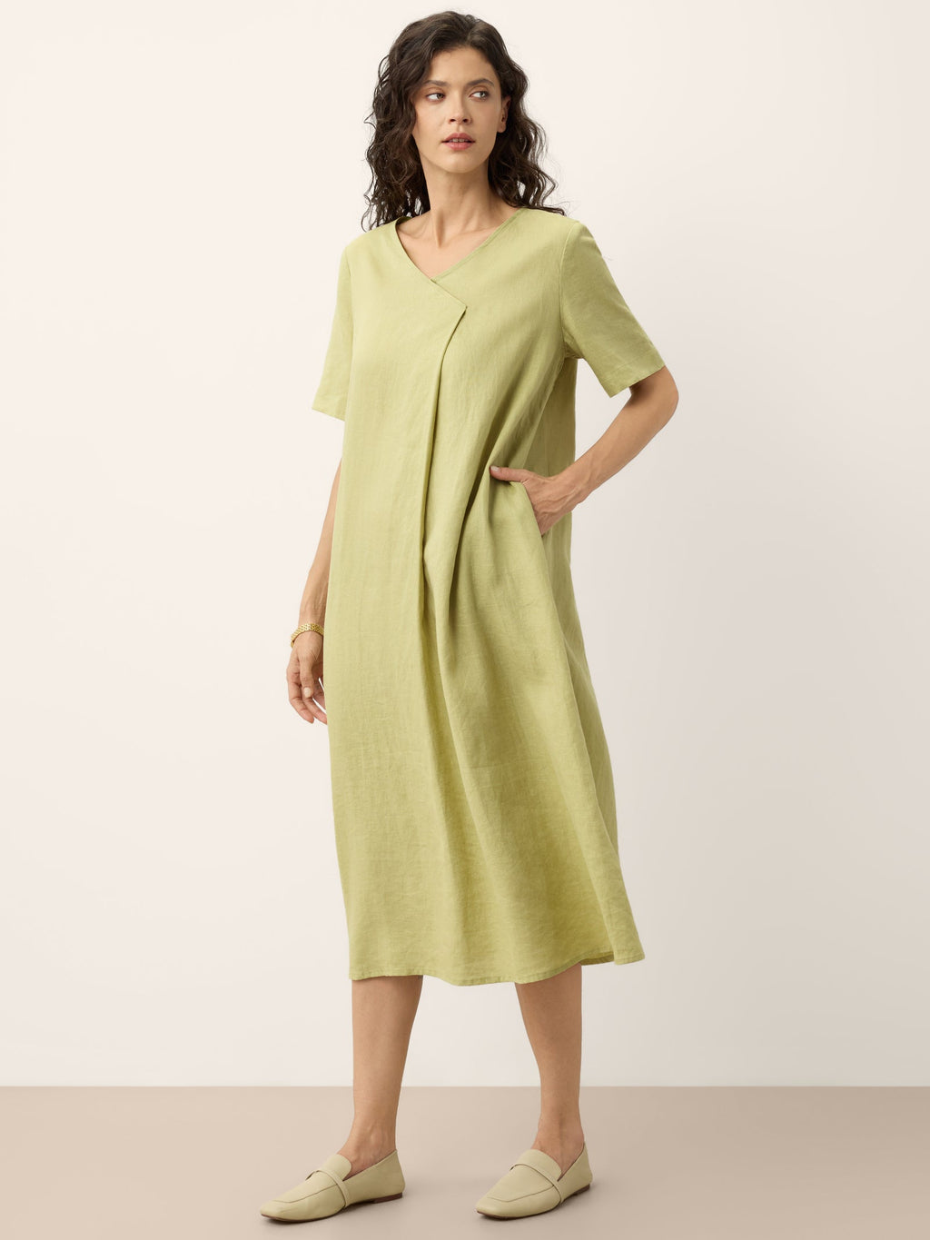 LINTICO 100% Linen Surplice Neck A Line Maxi Dress JUDITH — side view