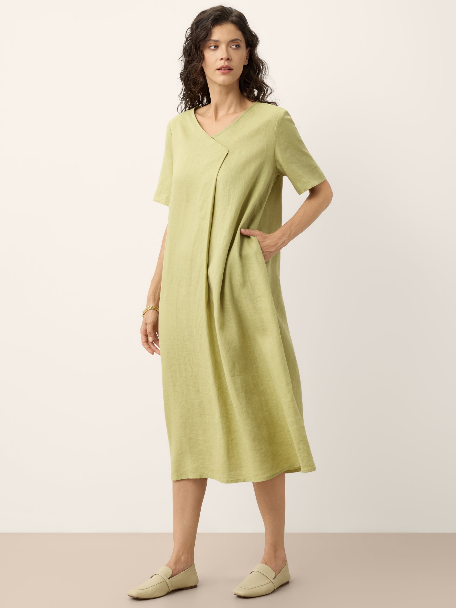 LINTICO 100% Linen Surplice Neck A Line Maxi Dress JUDITH — side view