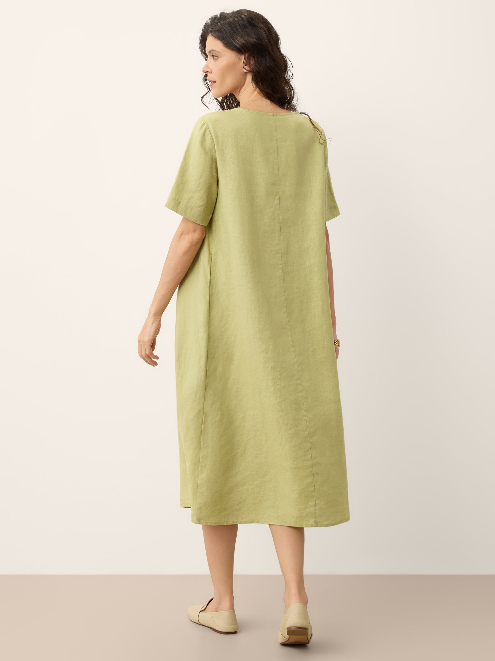 LINTICO 100% Linen Surplice Neck A Line Maxi Dress JUDITH — in-use photo