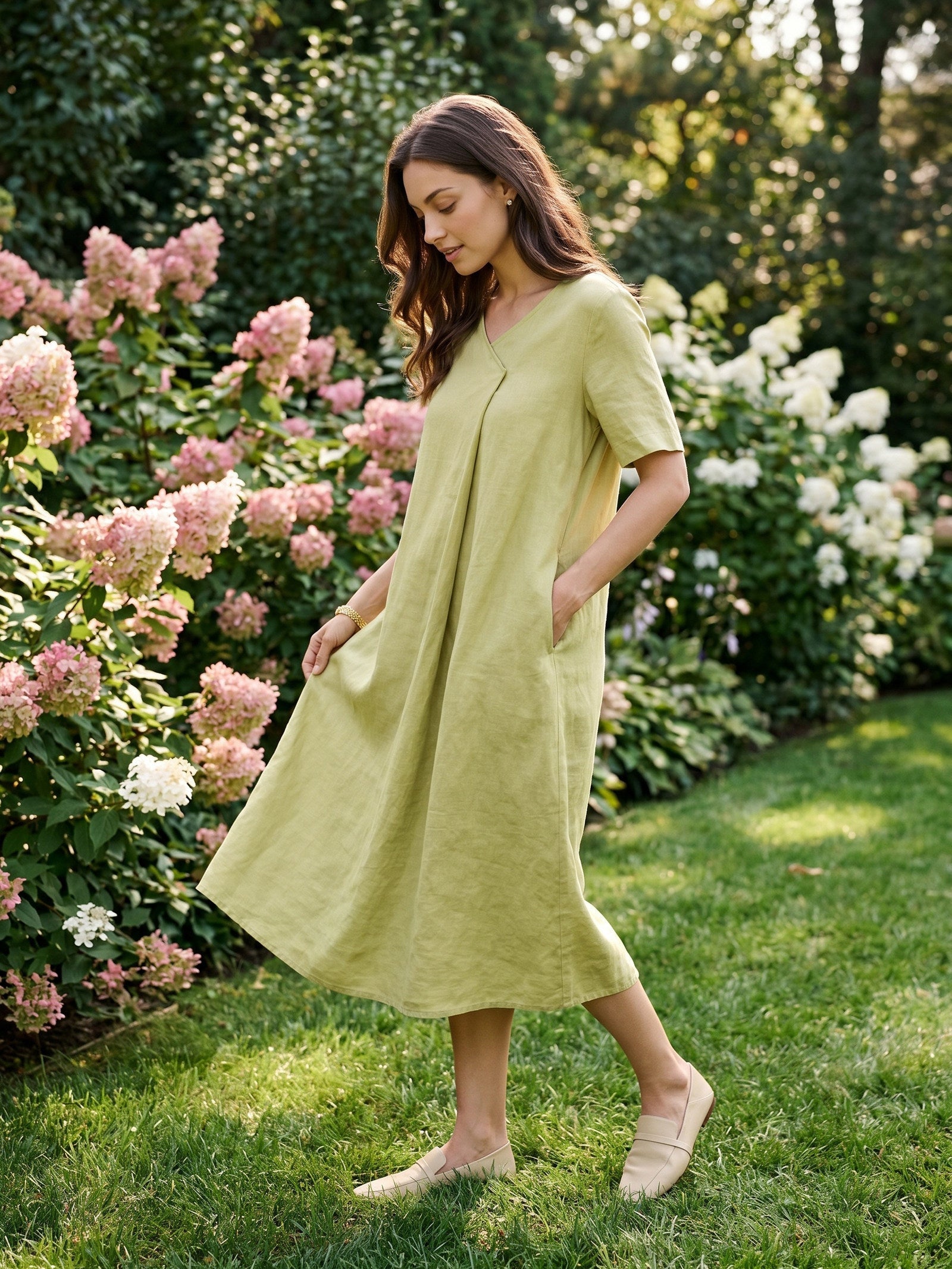 LINTICO 100% Linen Surplice Neck A Line Maxi Dress JUDITH — detail close-up