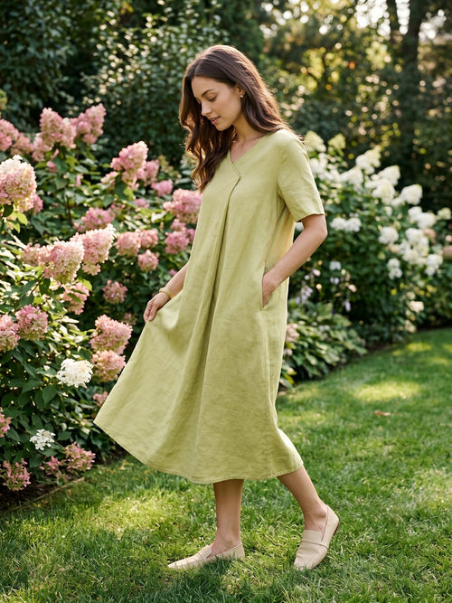 100% Linen Surplice Neck A Line Maxi Dress JUDITH
