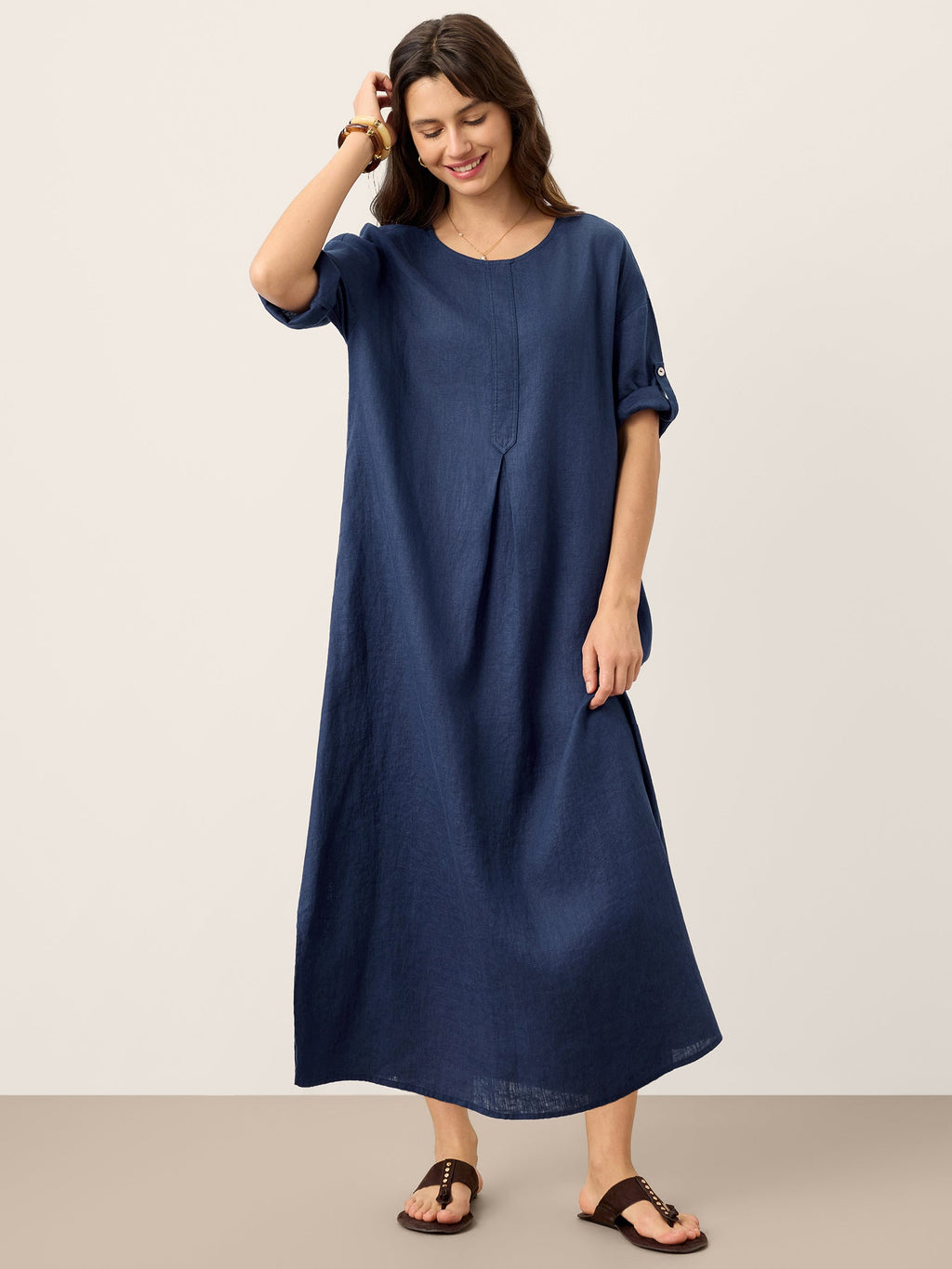 LINTICO 100% Linen Roll-Up Sleeve Inverted Pleat Maxi Dress MARIBEL — lifestyle worn / used context