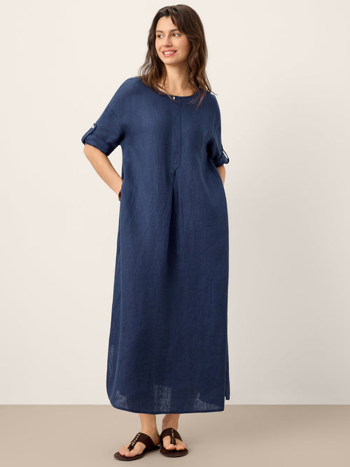 LINTICO 100% Linen Roll-Up Sleeve Inverted Pleat Maxi Dress MARIBEL — main product shot