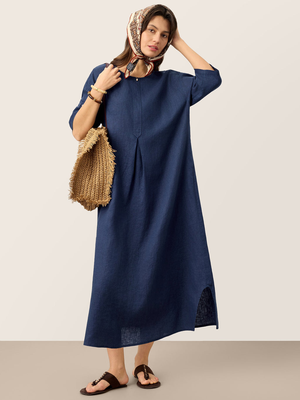 LINTICO 100% Linen Roll-Up Sleeve Inverted Pleat Maxi Dress MARIBEL — detail shot 6