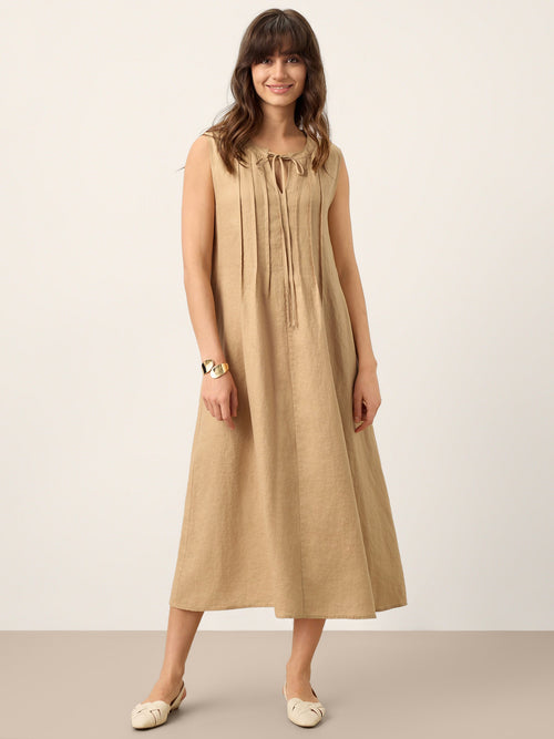 LINTICO 100% Linen Sleeveless Tie-Neck Pintucked Maxi Dress MILLICENT — main product shot