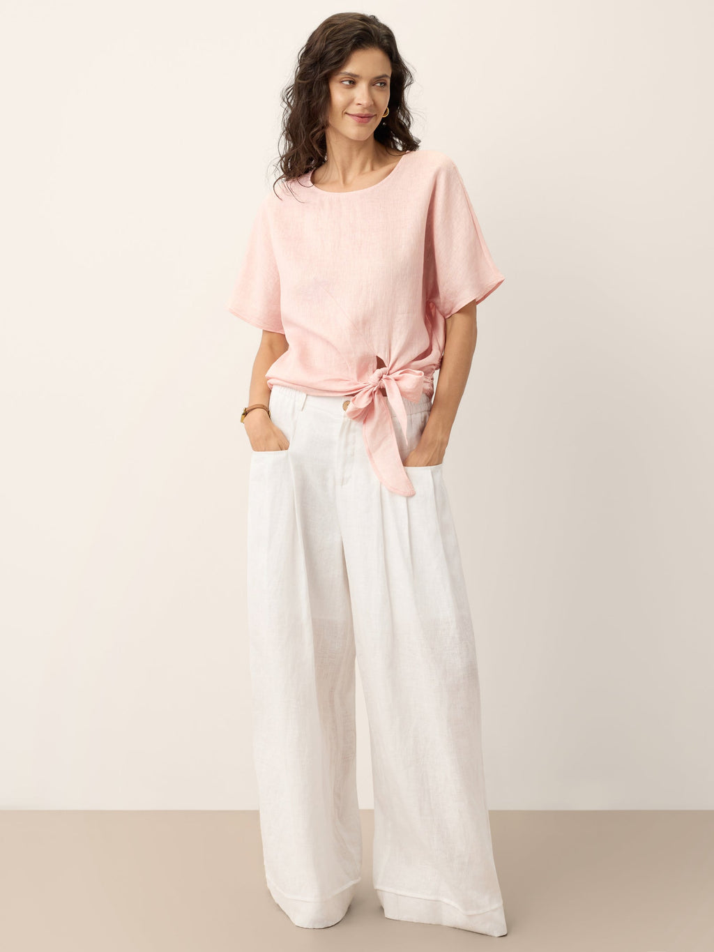 LINTICO 100% Linen Tie Front Drop Shoulder Top PAULA — side view