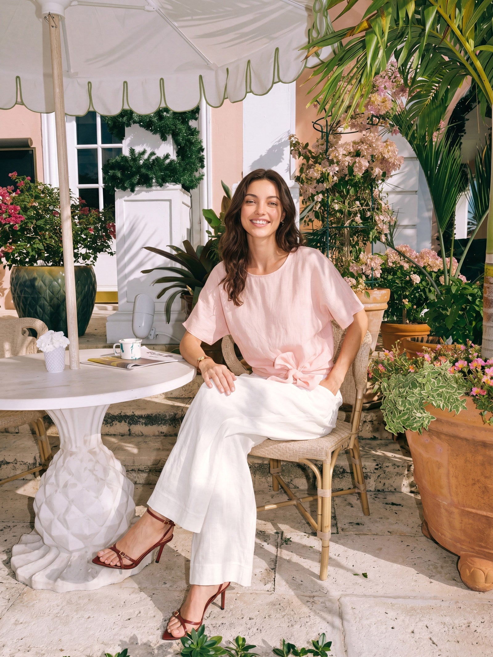 LINTICO 100% Linen Tie Front Drop Shoulder Top PAULA — lifestyle context