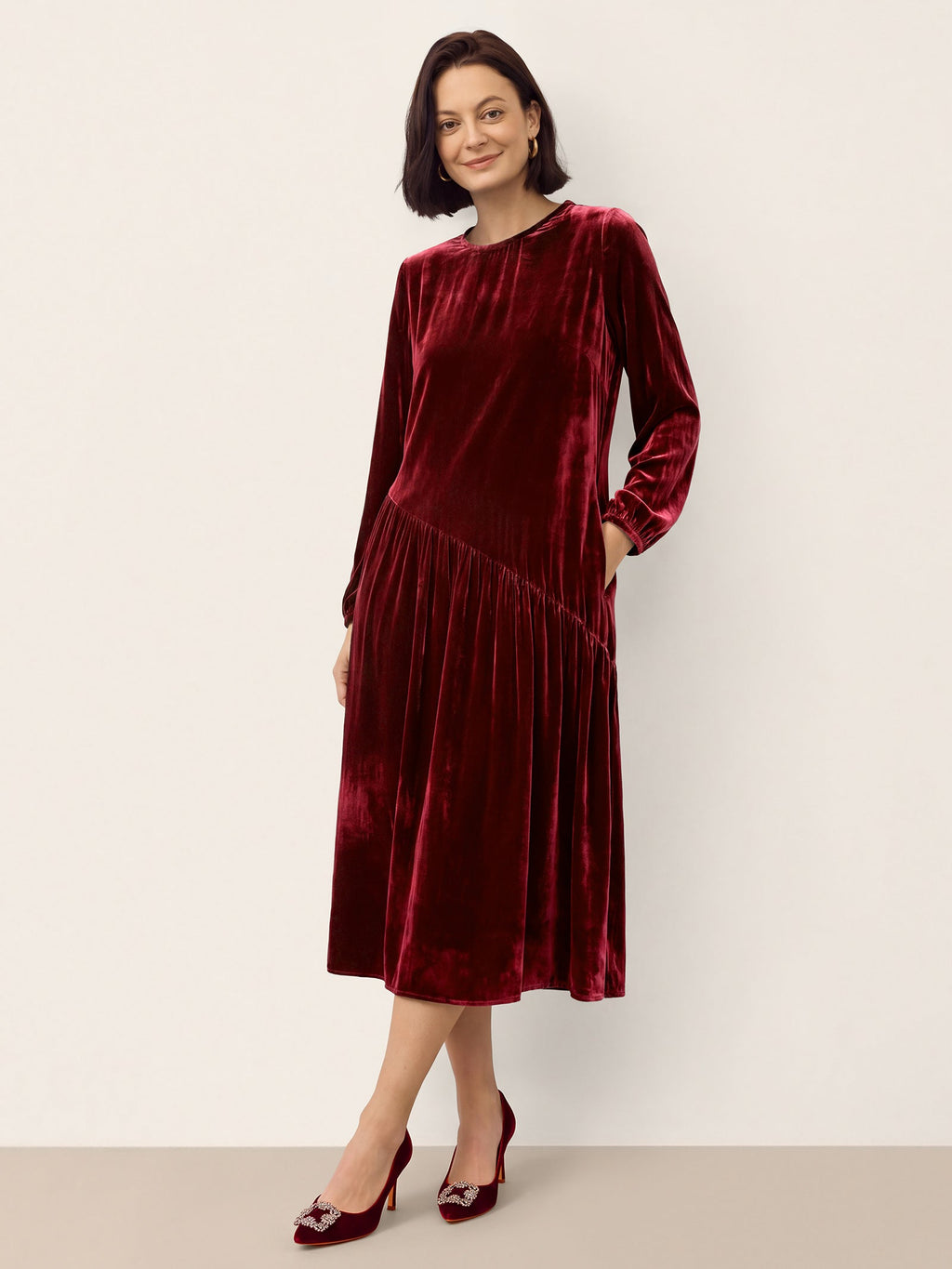 100% Silk Velvet Draped Pleat Relaxed Midi Dress ZELARA