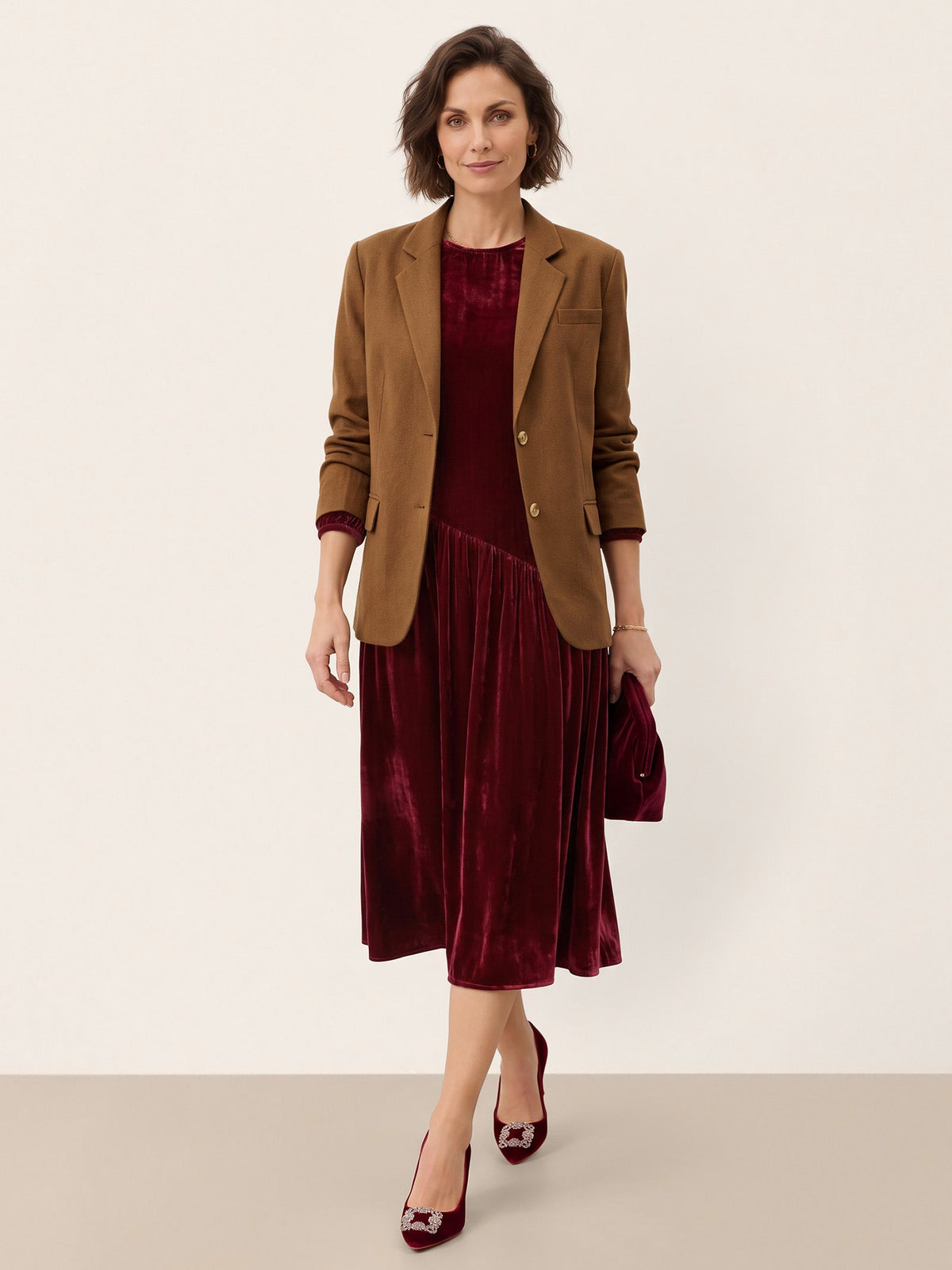 100% Silk Velvet Draped Pleat Relaxed Midi Dress ZELARA