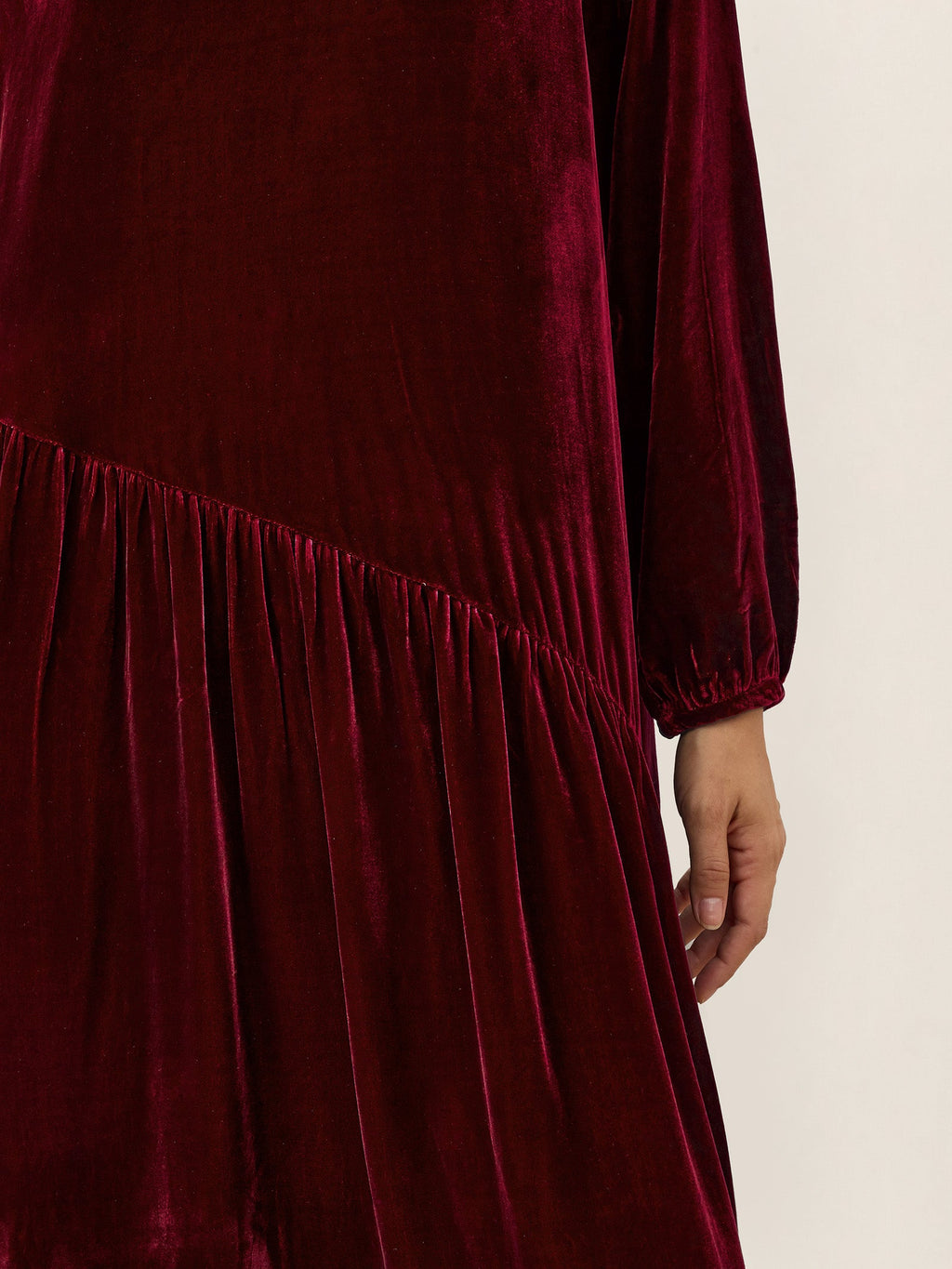 100% Silk Velvet Draped Pleat Relaxed Midi Dress ZELARA
