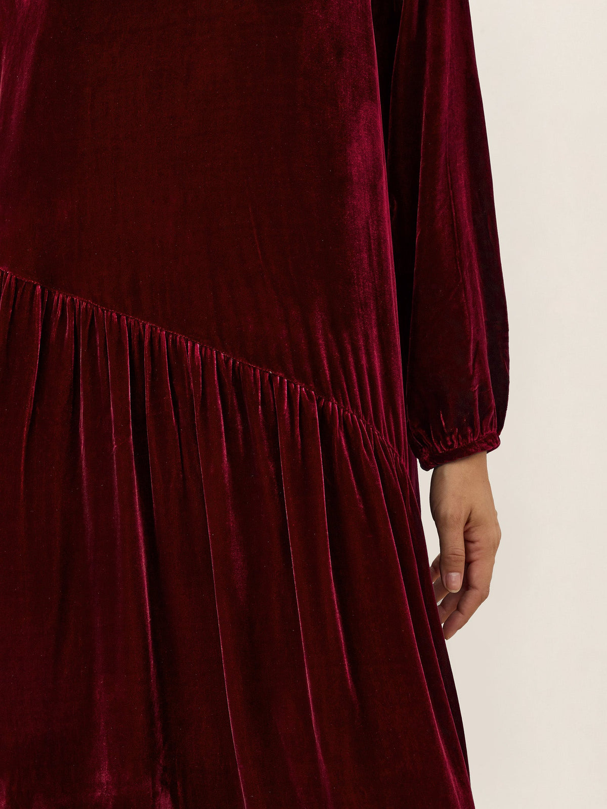 100% Silk Velvet Draped Pleat Relaxed Midi Dress ZELARA