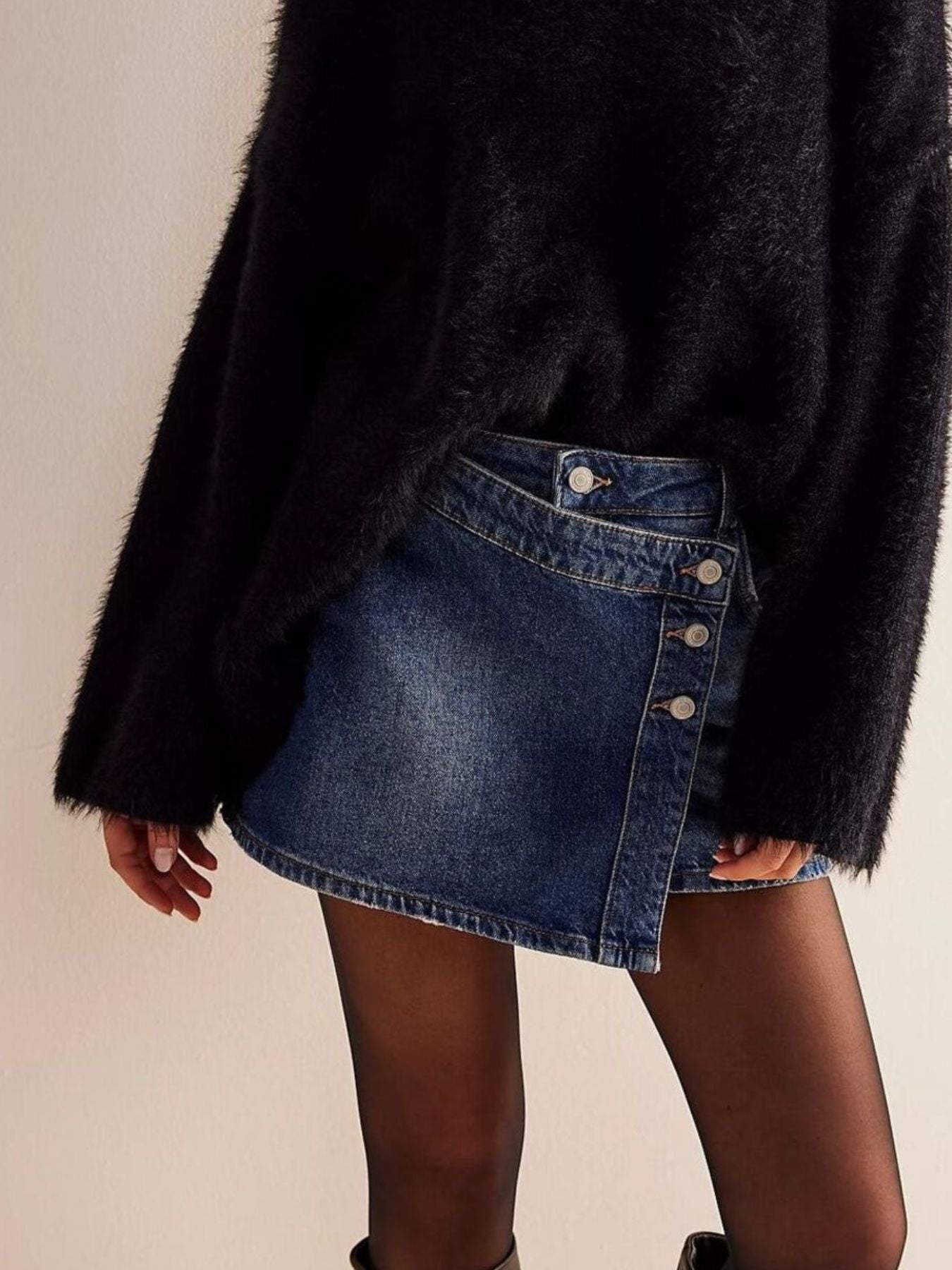 Asymmetrical Button-Front Denim Skirt