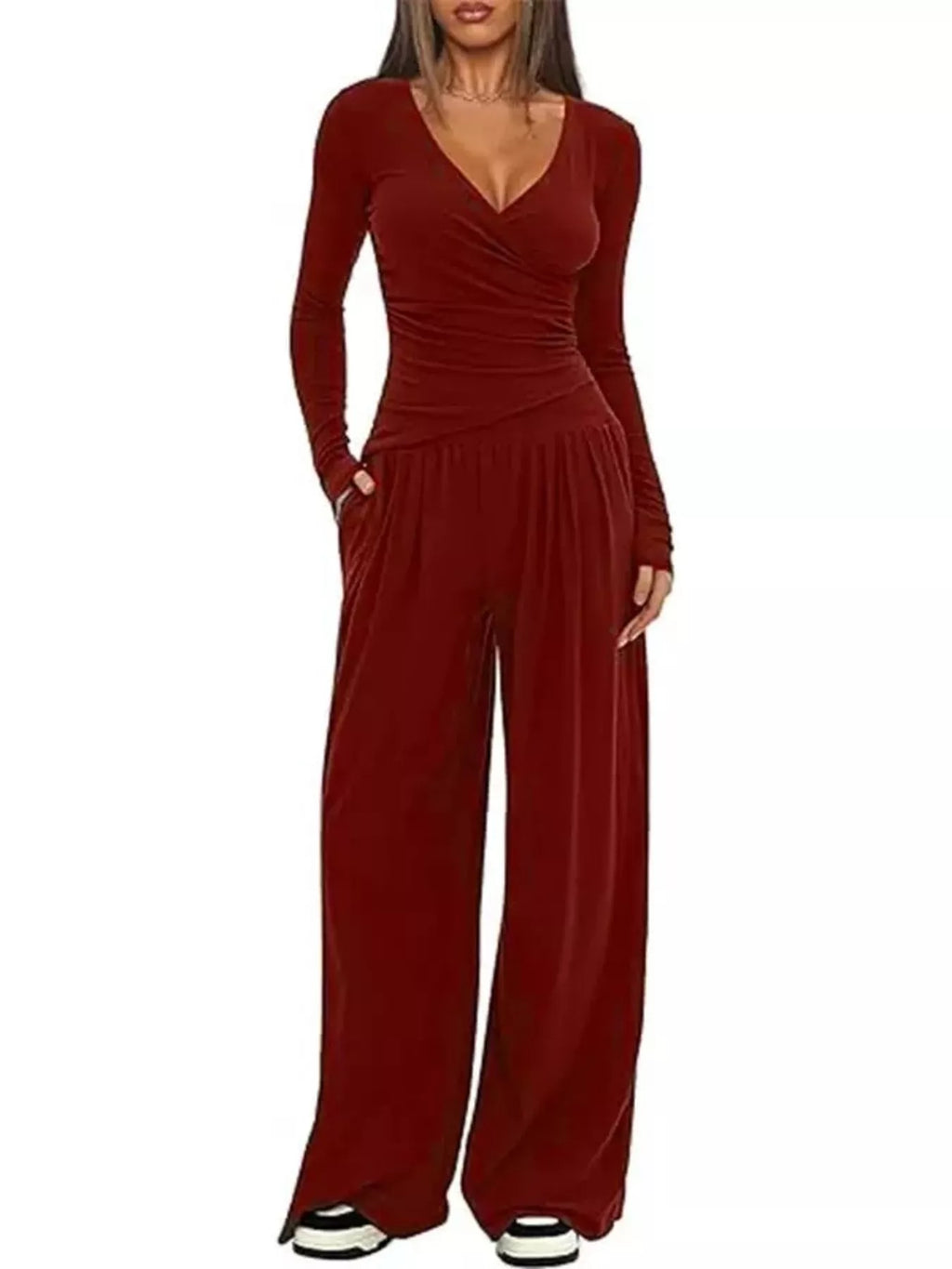 Casual Long Sleeve Top and Wide Leg Pants Set