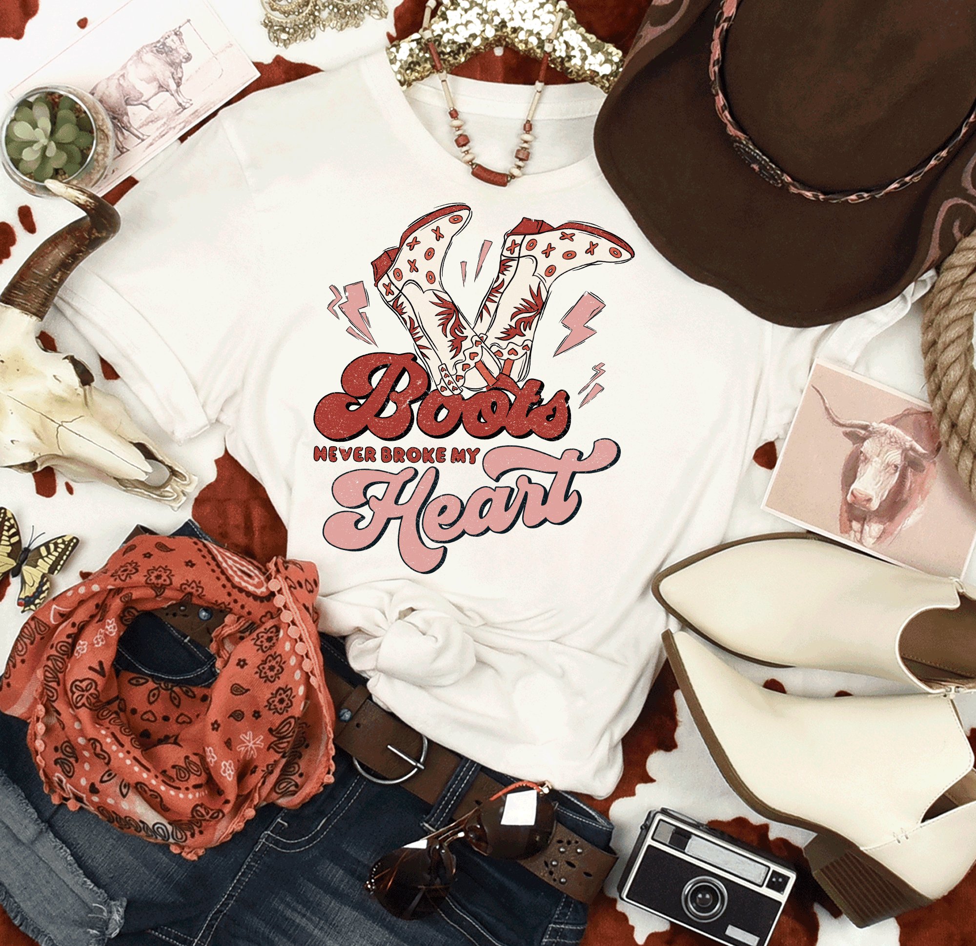 A Blessed Texas Mess Boutique Boots Never broke My heart Country Western Shirt Rodeo Wear, Cowgirls, Music… — main product shot