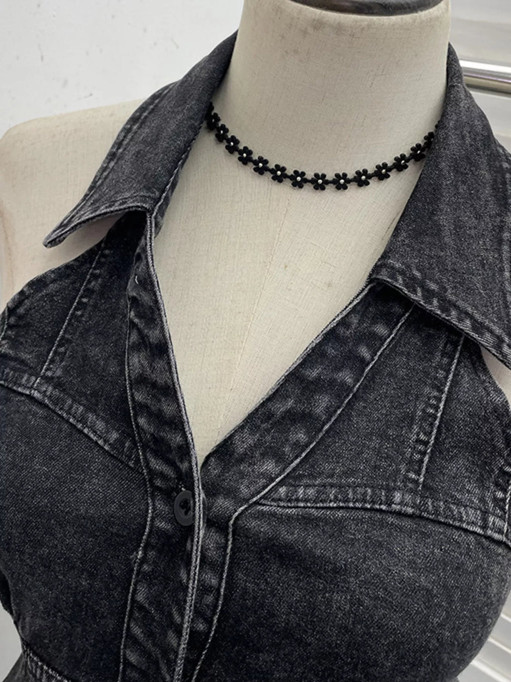 Smocked Denim Halter Collar Top
