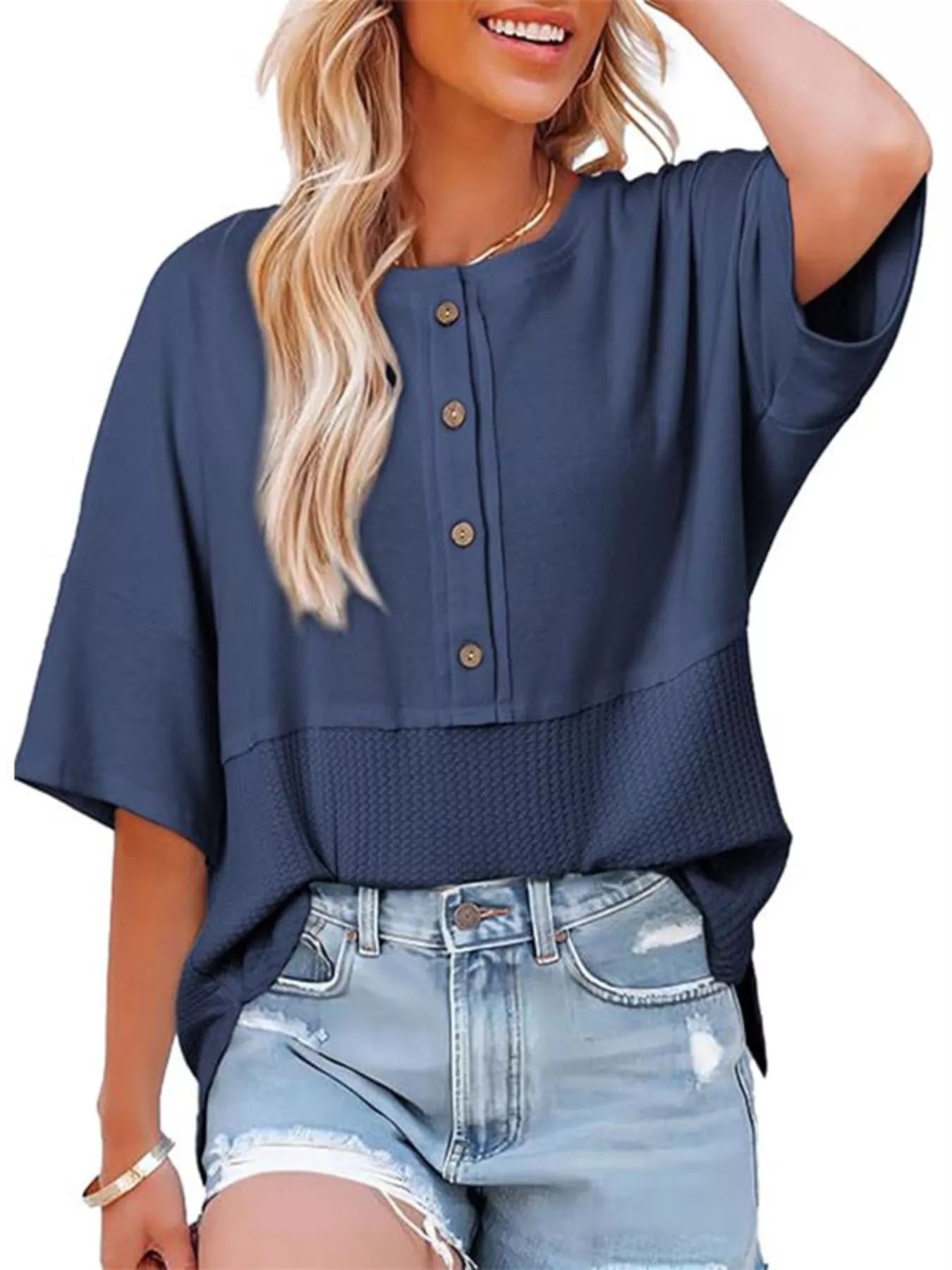 Button Detail Texture Knit T-Shirt