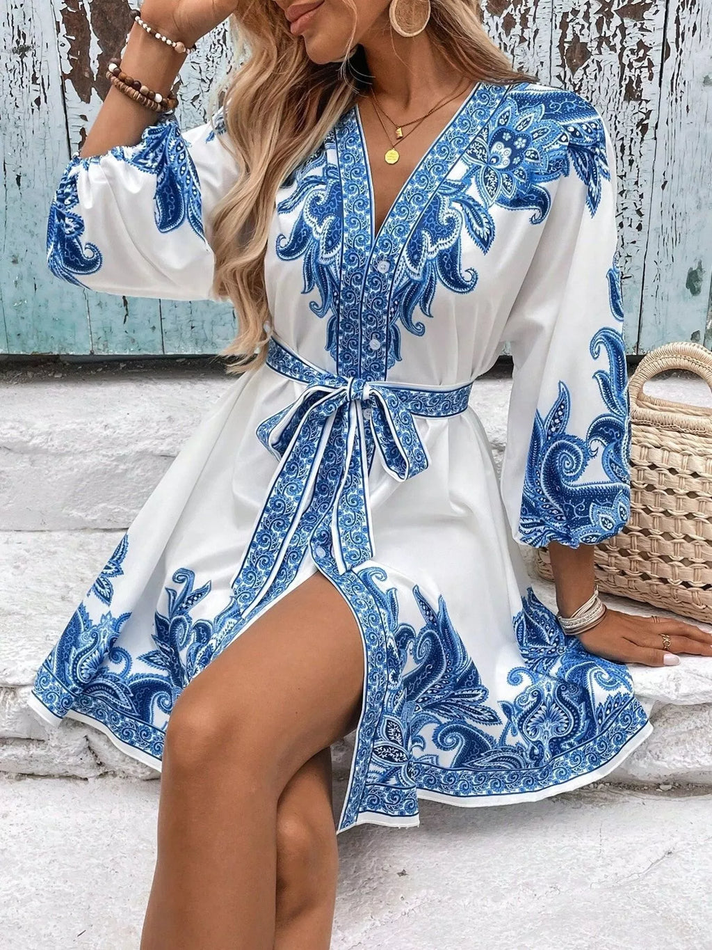 Paisley Print V-Neck Belted Mini Dress