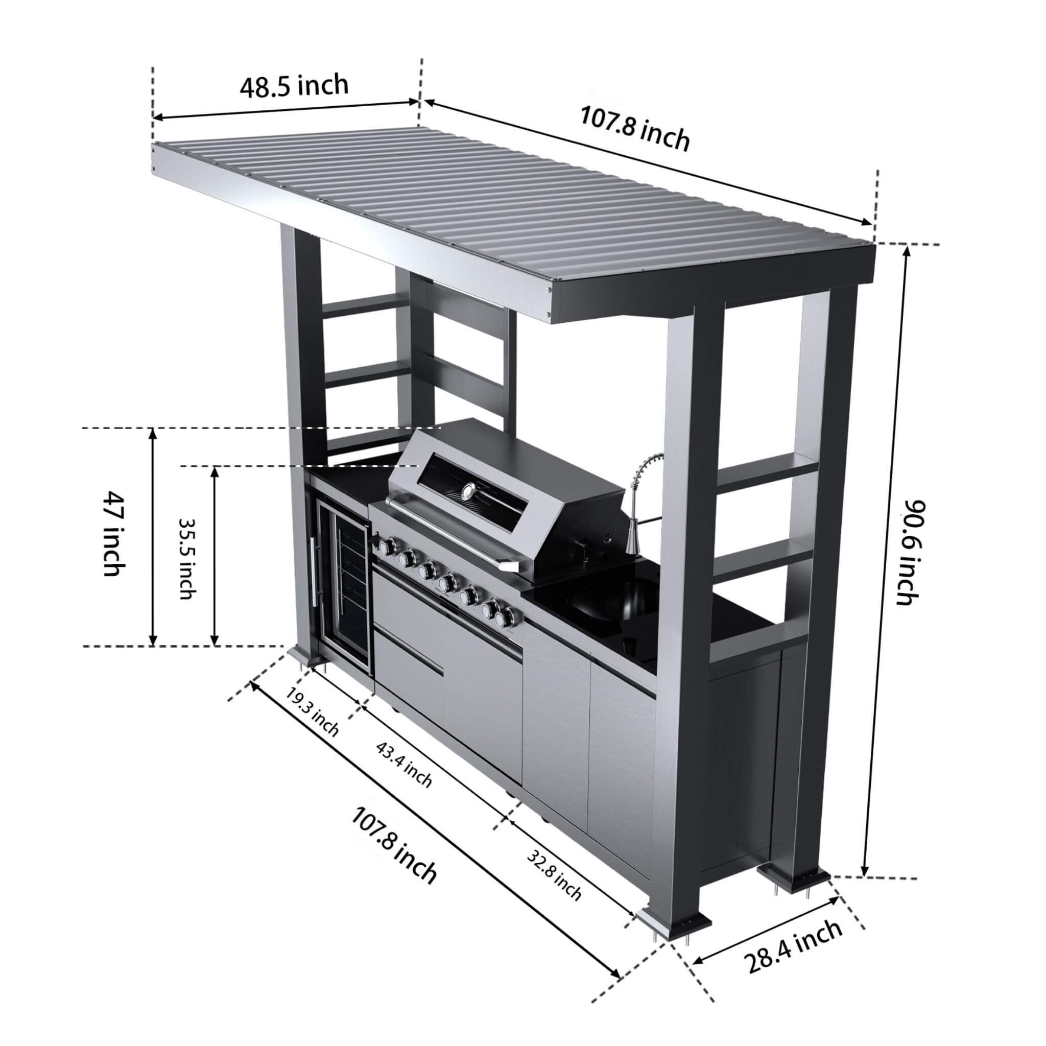 Castelle Flame Blaze 108-Inch 6-Burner 85K BTU Deluxe Stainless Steel Liquid Propane Outdoor Kitchen Grill Island With Wine C