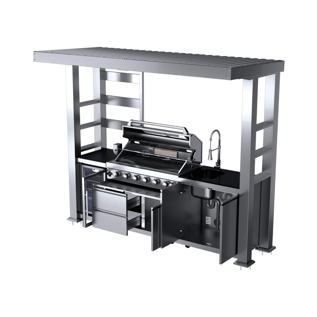 Castelle Flame Blaze 108-Inch 6-Burner 85K BTU Deluxe Stainless Steel Liquid Propane Outdoor Kitchen Grill Island With Wine C