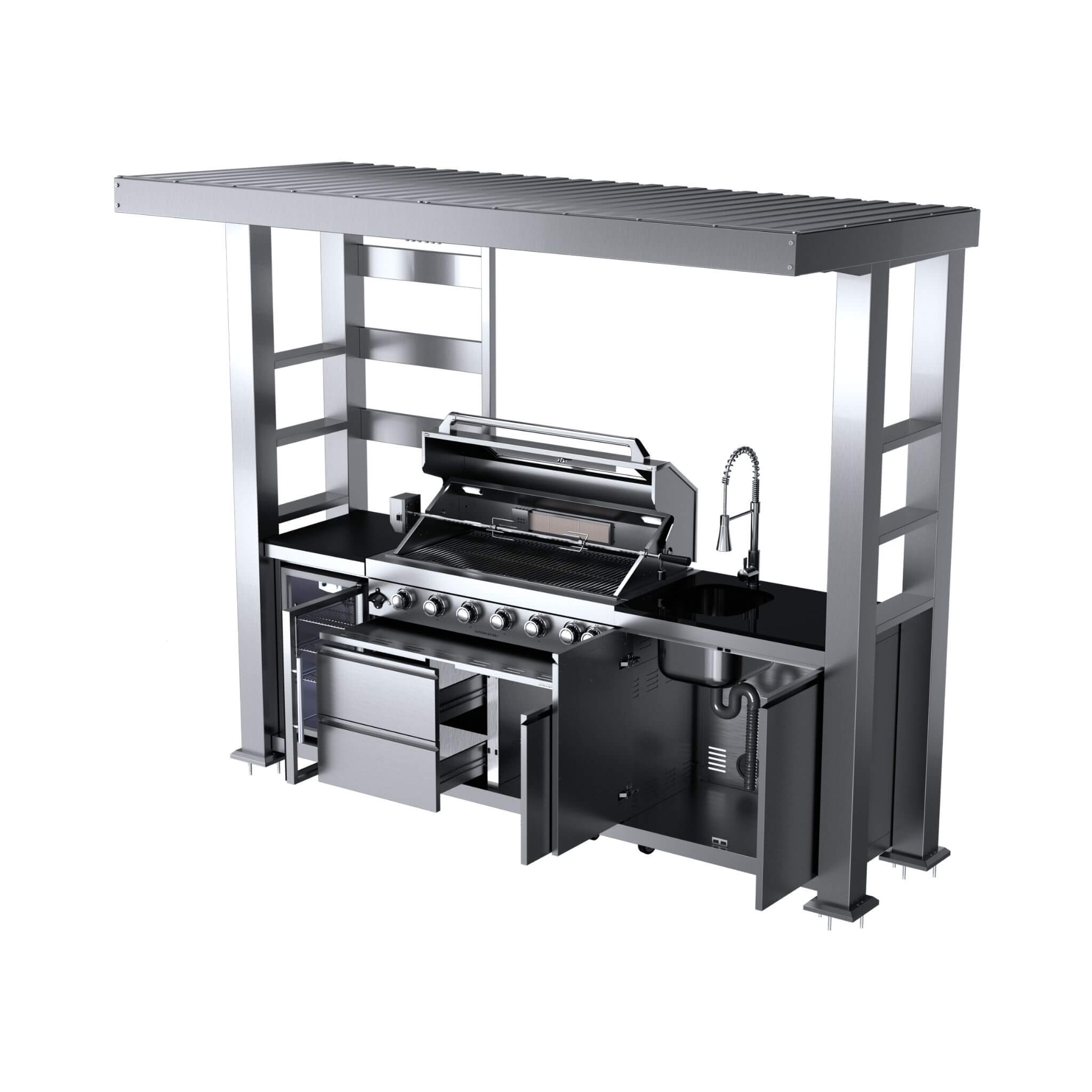 Castelle Flame Blaze 108-Inch 6-Burner 85K BTU Deluxe Stainless Steel Liquid Propane Outdoor Kitchen Grill Island With Wine C