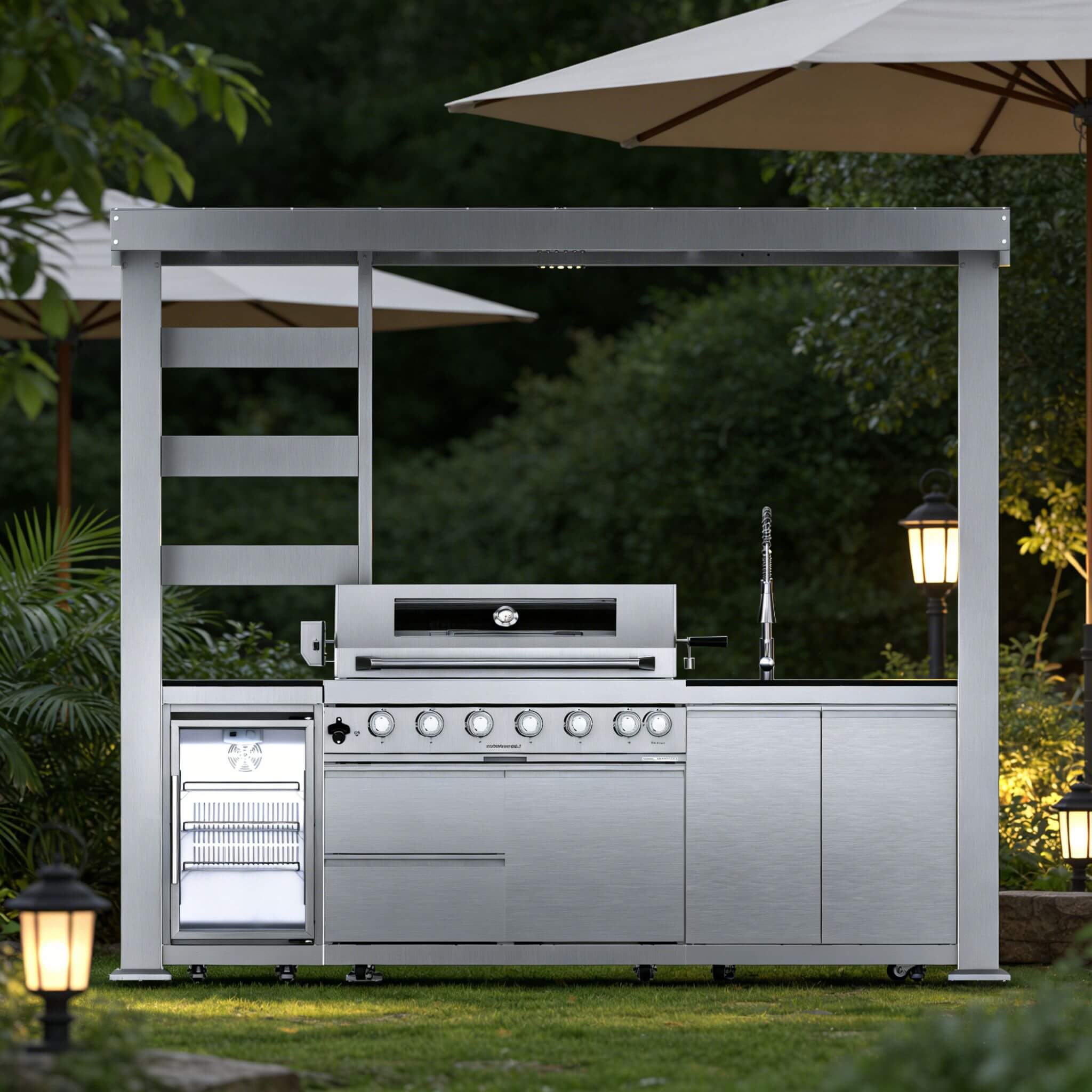 Castelle Flame Blaze 108-Inch 6-Burner 85K BTU Deluxe Stainless Steel Liquid Propane Outdoor Kitchen Grill Island With Wine C