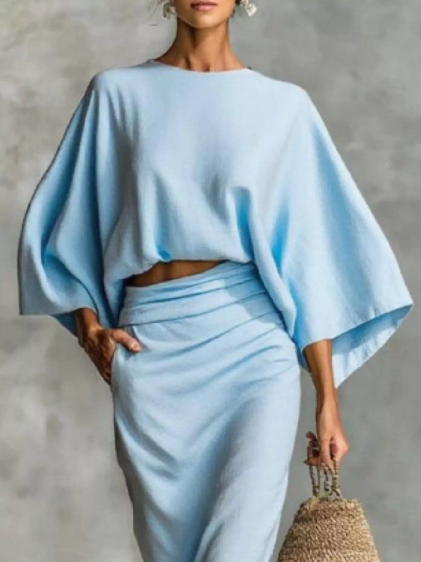 Full Size Kimono Sleeve Top and Ruched Skirt Set Plus Size