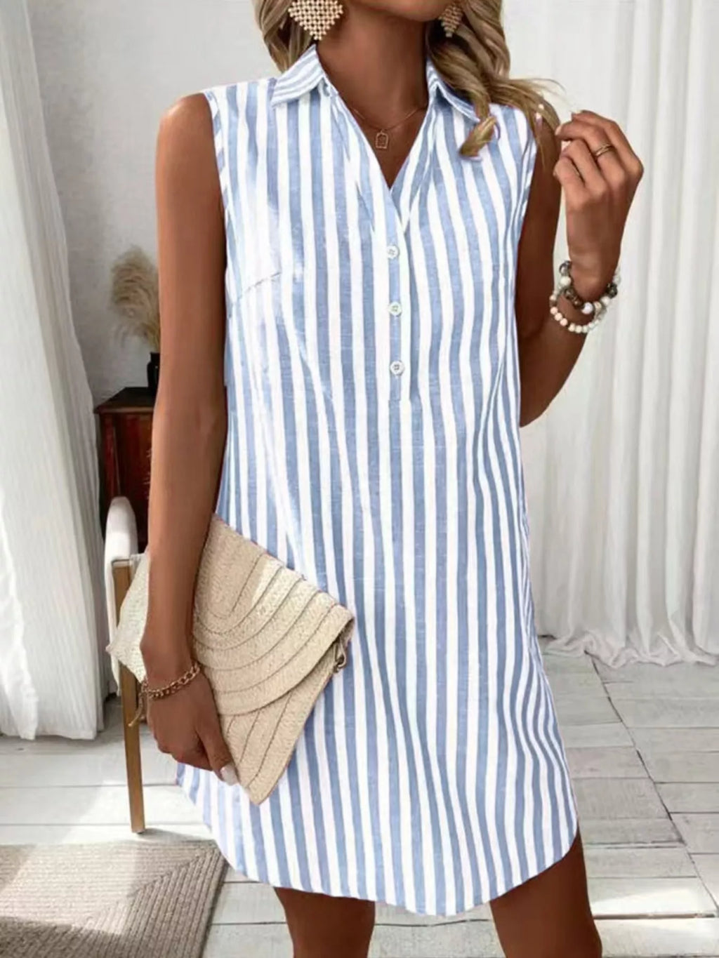 Sleeveless Striped Button Detail Shirt Dress