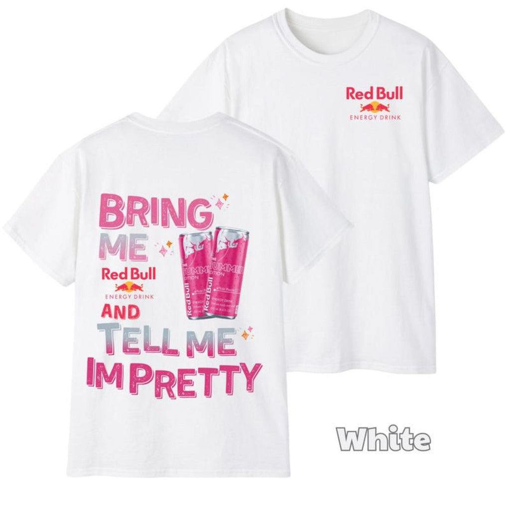 Pasimax "Tell Me I'm Pretty" Energy Drink T-Shirt — detail close-up