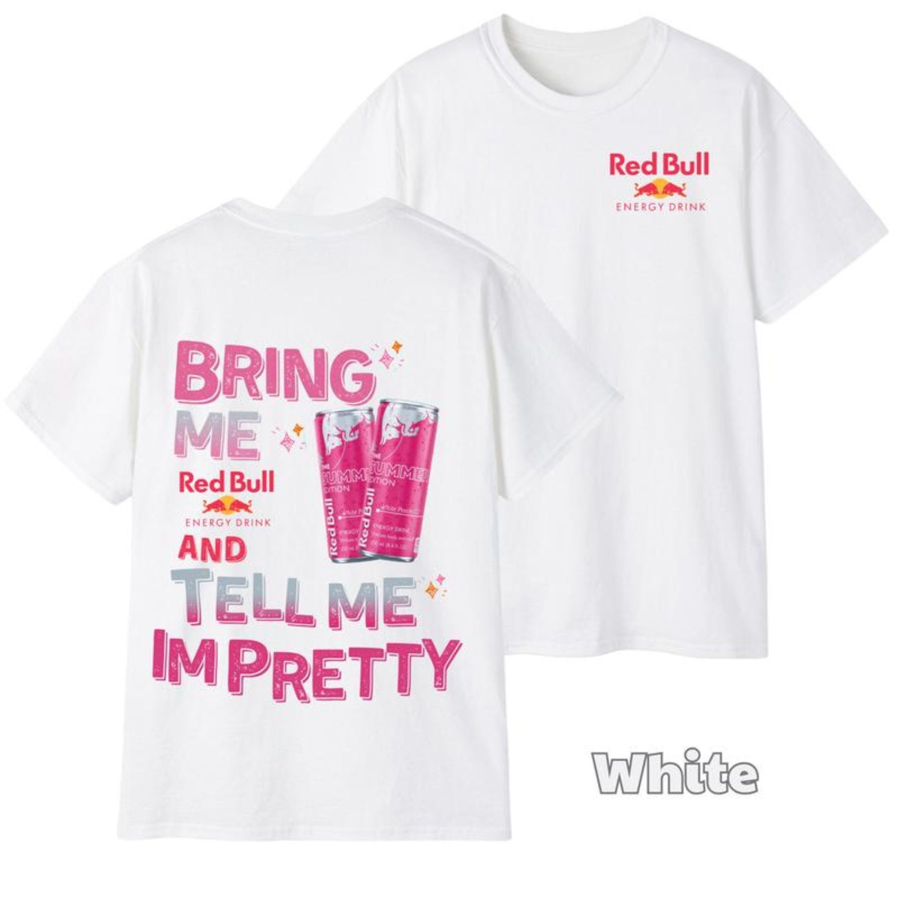 Pasimax "Tell Me I'm Pretty" Energy Drink T-Shirt — detail close-up