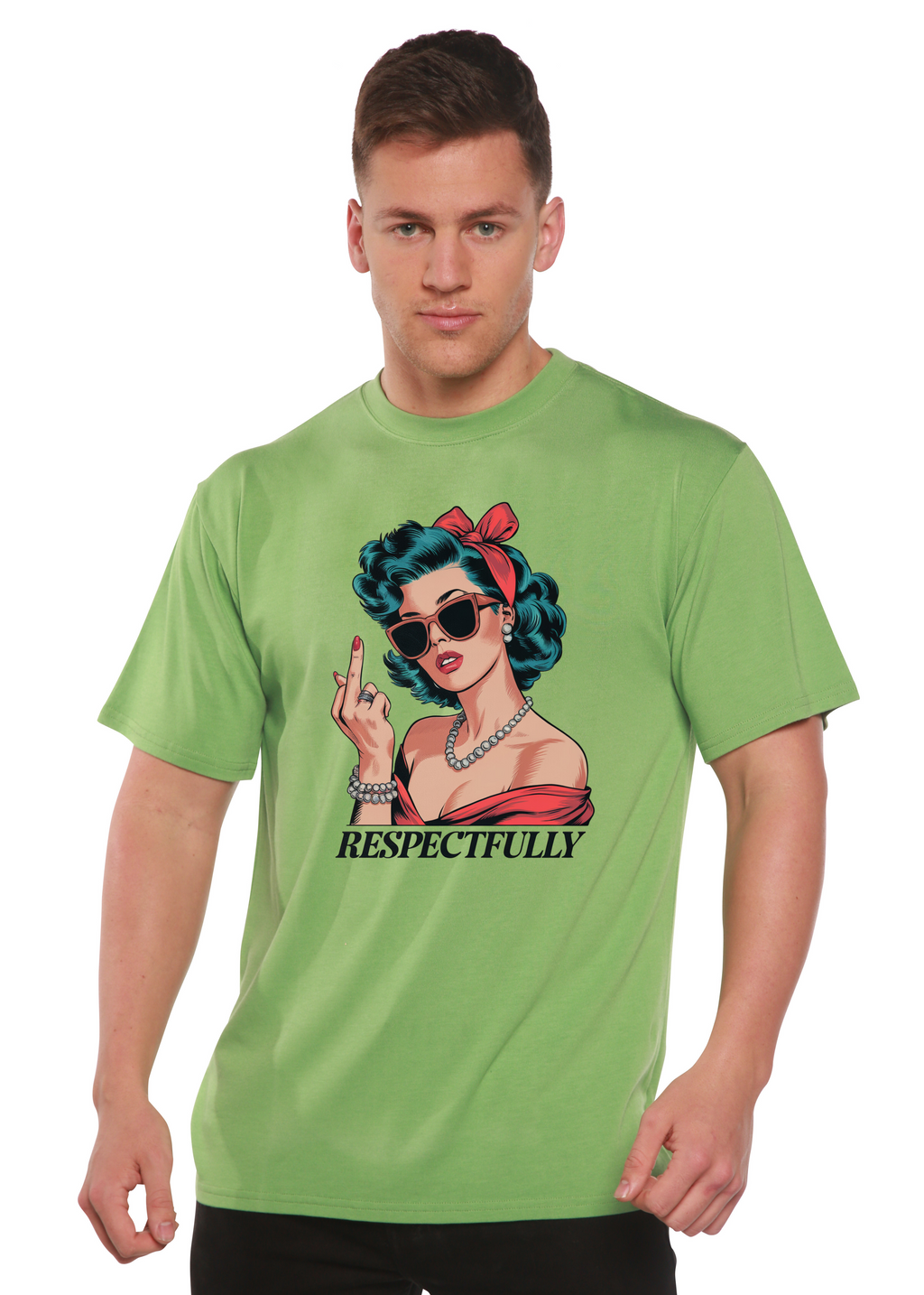 Spun Bamboo Respectfully Middle Finger Unisex Bamboo/Cotton Graphic T-Shirt — in-use photo