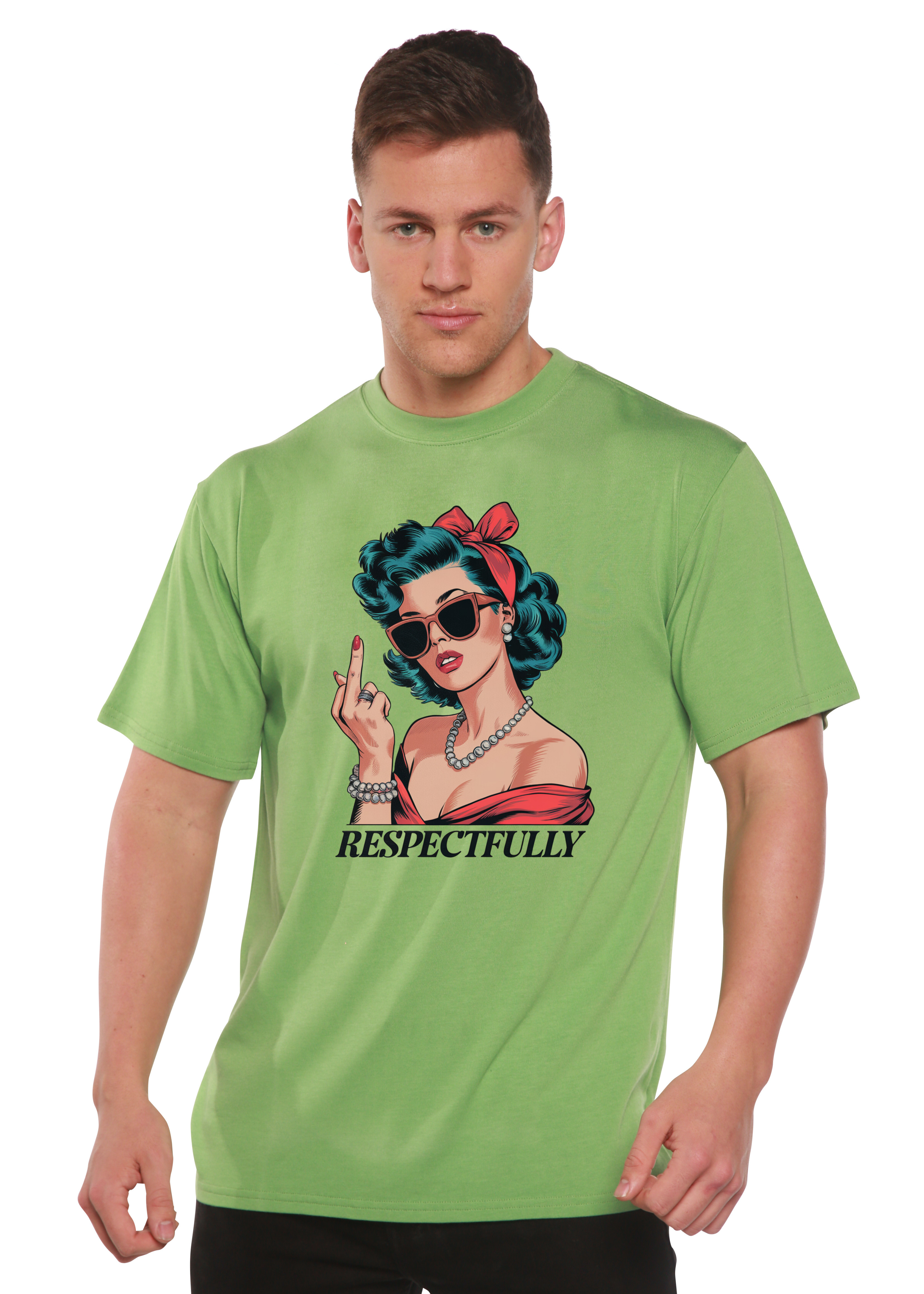 Spun Bamboo Respectfully Middle Finger Unisex Bamboo/Cotton Graphic T-Shirt — in-use photo
