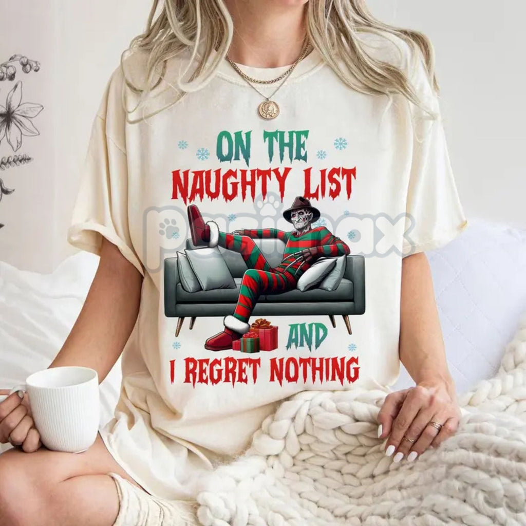 Pasimax "On The Naughty List And I Regret Nothing" Christmas Shirt — back view