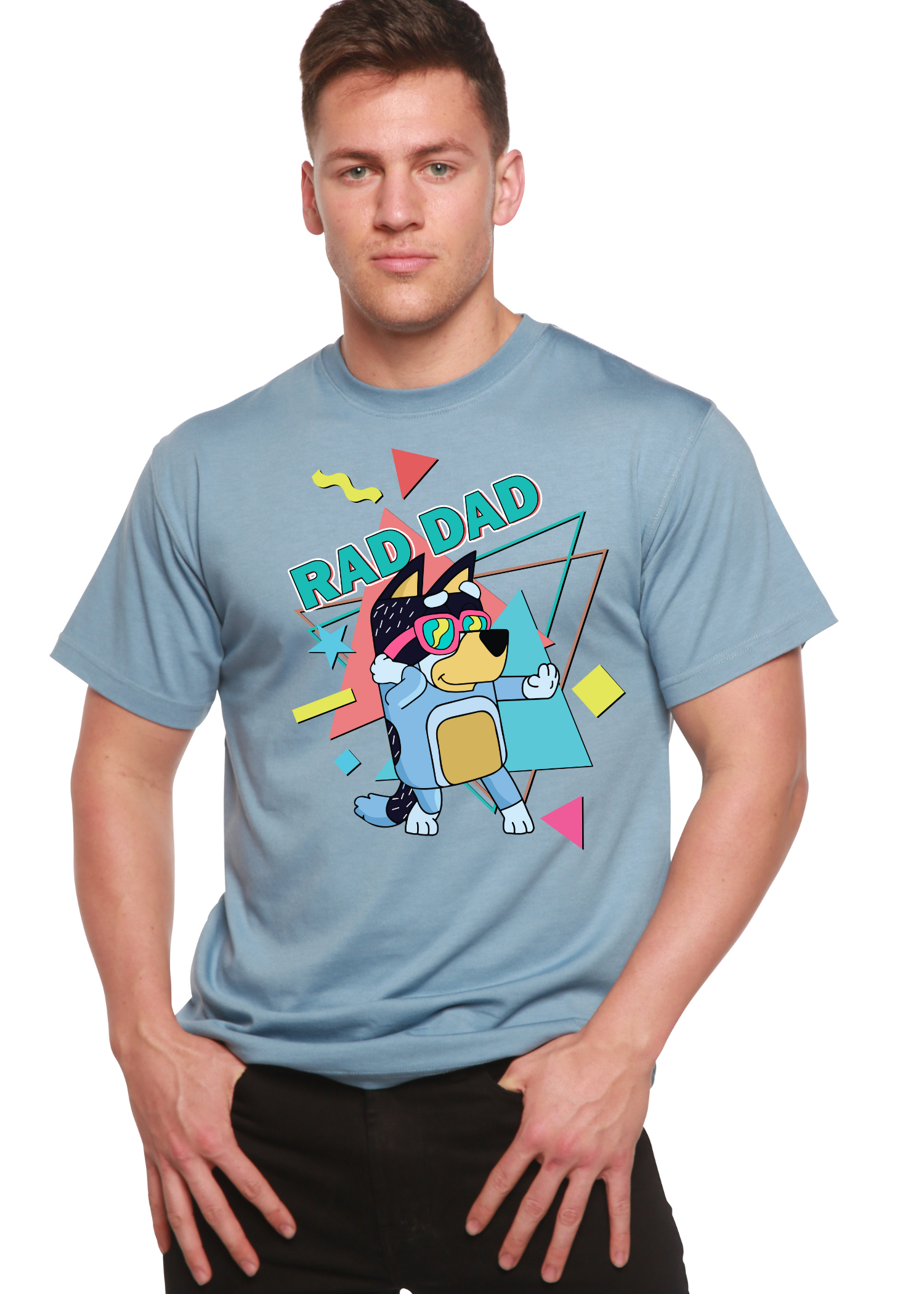 Spun Bamboo Rad Dad Bluey Men's Bamboo Short Sleeve Graphic T-Shirt — in-use photo