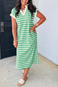 Stripe Collared V Neck Short Sleeve T Shirt Midi Dress with Pockets