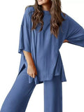 Slit Round Neck Top and Pants Set