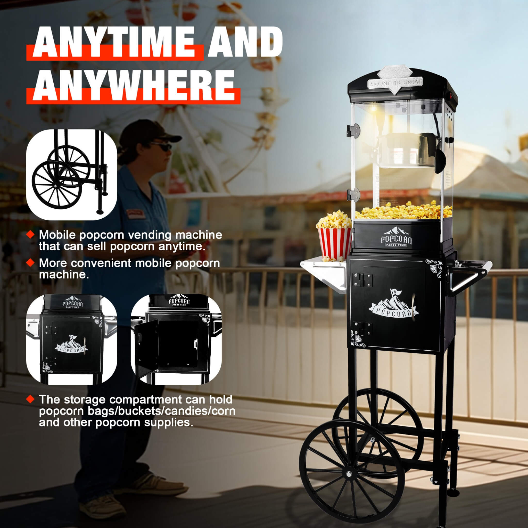 Premium 10OZ Portable Kettle Popcorn Maker Machine With Cart (SAK42196) – SAKSBY WHOLESALE, view 3